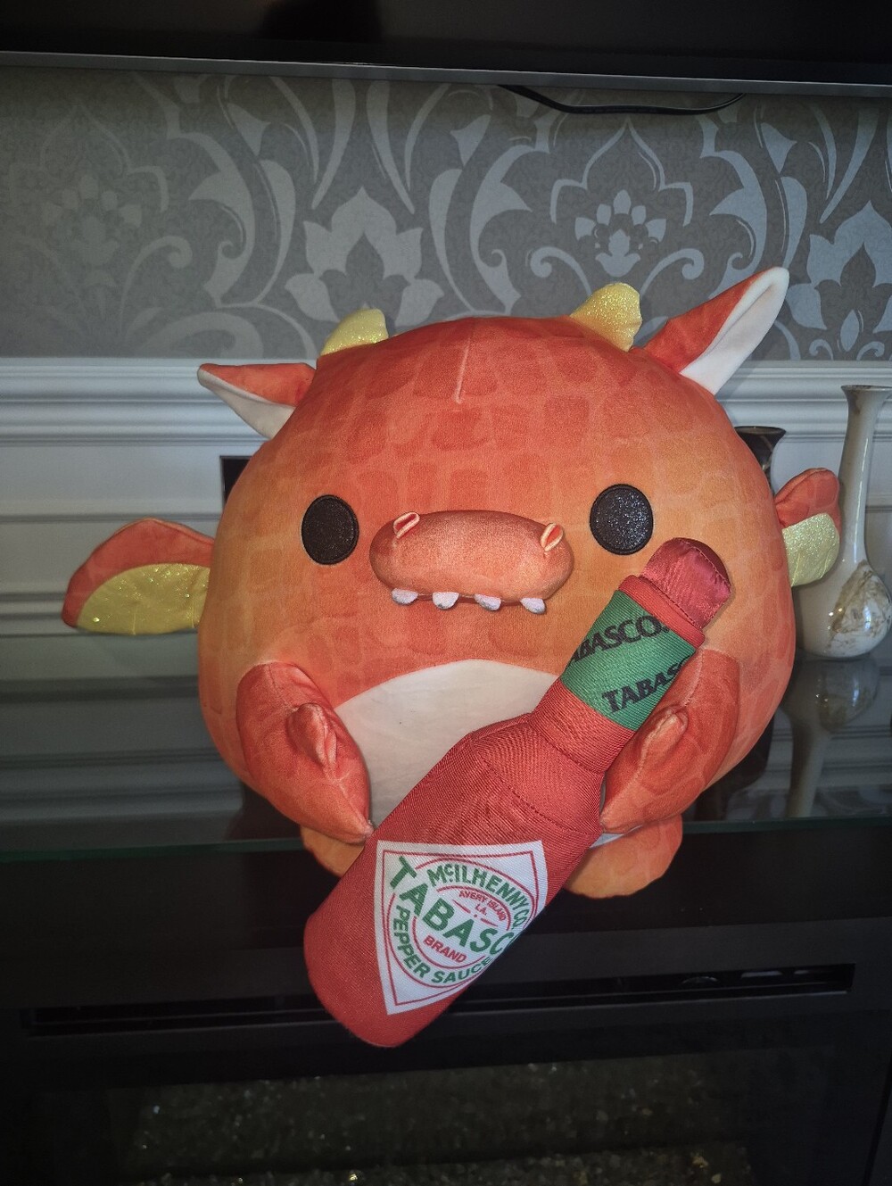 Orange Dragon Plush Holding Tabasco Bottle Plush